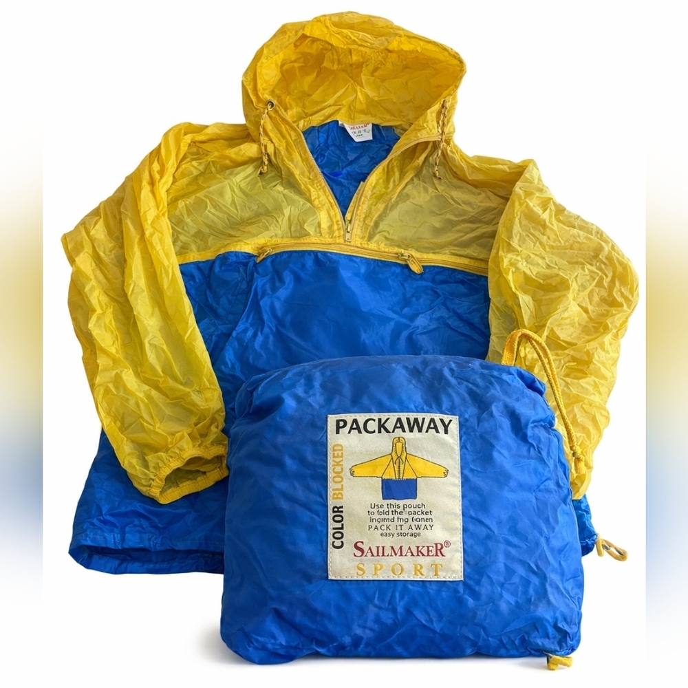 Vintage Sailmaker Sport Colorblock Anorak‎ Jacket XL Blue Yellow Packable Rain